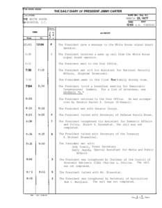 HE WHITE HOUSE  THE DAILY DIARY OF PRESIDENT JIMMY CARTER DATE (MO., Day, Yr.)  dOCATION