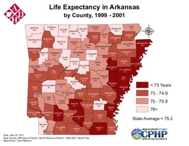 Life Expectancy in Arkansas by County, [removed]CARROLL 76.9