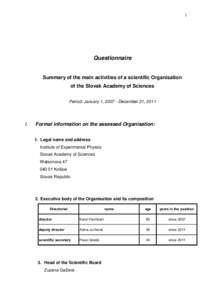 1  Questionnaire Summary of the main activities of a scientific Organisation of the Slovak Academy of Sciences