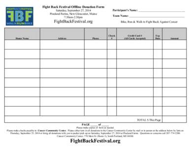 Fight Back Festival Offline Donation Form  Donor Name Saturday, September 27, 2014 Pineland Farms, New Gloucester, Maine