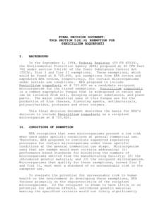US EPA, FINAL DECISION DOCUMENT: TSCA SECTION 5(H)(4) EXEMPTION FOR PENICILLIUM ROQUEFORTI