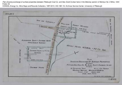 Plan showing exchange of surface properties between Pittsburgh Coal Co. and Alex Scott Dunbar heirs in the Meloney section of Montour No. 9 Mine, 1934 Folder 29 CONSOL Energy Inc. Mine Maps and Records Collection, 1857-2