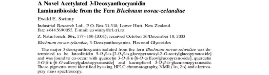 A Novel Acetylated 3-Deoxyanthocyanidin Laminaribioside from the Fern Blechnum novae-zelandiae Ewald E. Swinny