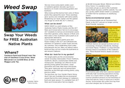 Weed Swap  We now know some plants widely used in Canberra gardens decades ago have a tendency to invade surrounding gardens and bushland.