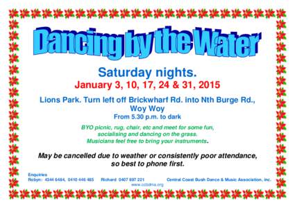 Saturday nights. January 3, 10, 17, 24 & 31, 2015 Lions Park. Turn left off Brickwharf Rd. into Nth Burge Rd., Woy Woy From 5.30 p.m. to dark BYO picnic, rug, chair, etc and meet for some fun,