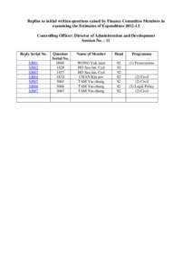 Replies to initial written questions raised by Finance Committee Members in examining the Estimates of Expenditure[removed]Controlling Officer: Director of Administration and Development Session No. : 11 Reply Serial No.