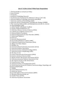 List of “A Call to Action” White Paper Respondents 1. The Roundtable on Critical Care Policy 2. Exact Sciences 3. Promedica 4. Academy of Radiology Research 5. Accelerate Cure/Treatments for Alzheimer’s Disease (AC