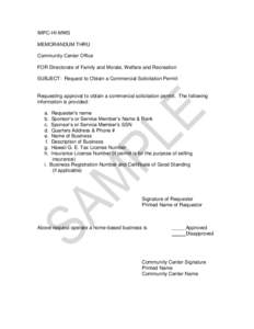 IMPC-HI-MWS MEMORANDUM THRU Community Center Office FOR Directorate of Family and Morale, Welfare and Recreation SUBJECT: Request to Obtain a Commercial Solicitation Permit