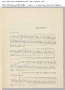 From Evelyn Foster Morneweck to Josiah K. Lilly, August 29, 1933 Foster Hall Collection, CAM.FHC[removed], Center for American Music, University of Pittsburgh. From Evelyn Foster Morneweck to Josiah K. Lilly, August 29, 