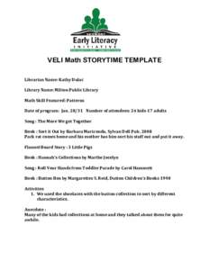 VELI Math STORYTIME TEMPLATE Librarian Name: Kathy Dulac Library Name: Milton Public Library Math Skill Featured: Patterns Date of program: Jan[removed]Number of attendees: 24 kids-17 adults Song : The More We get Togethe