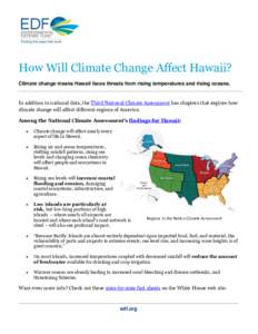 How Will Climate Change Affect Hawaii? Climate change means Hawaii faces threats from rising temperatures and rising oceans. In addition to national data, the Third National Climate Assessment has chapters that explore h
