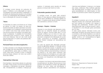 Difteria O contágio ocorre através de gotículas de saliva. A difteria é uma inflamação do nariz e da garganta que pode perturbar a respiração. O processo da doença pode resultar numa ameaça à vida. As complica