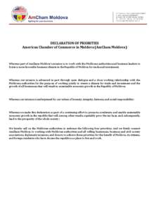 DECLARATION OF PRIORITIES American Chamber of Commerce in Moldova (AmCham Moldova) Whereas part of AmCham Moldova’s mission is to work with the Moldovan authorities and business leaders to foster a more favorable busin