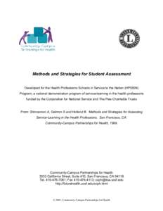 Methods and Strategies for Student Assessment Developed for the Health Professions Schools in Service to the Nation (HPSISN) Program, a national demonstration program of service-learning in the health professions funded 