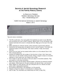 Secrets of Jewish Genealogy Research at the Family History Library by Banai Lynn Feldstein