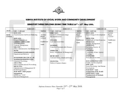 KENYA INSTITUTE OF SOCIAL WORK AND COMMUNITY DEVELOPMENT SEMESTER THREE DIPLOMA EXAMS TIME TABLE 23rd – 27th MaySESSION I DATE MON