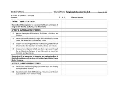 Student’s Name____________________________ Course Name Religious Education Grade 5 R - retain, D - delete, C - changed Outcomes THEME: