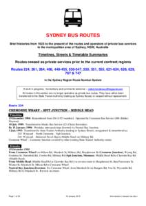 SYDNEY BUS ROUTES Brief histories from 1925 to the present of the routes and operators of private bus services in the metropolitan area of Sydney, NSW, Australia Timelines, Streets & Timetable Summaries Routes ceased as 