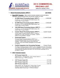 2015 COMMERCIAL PRICING LIST (Effective January, Waste Processing System (WPS™)