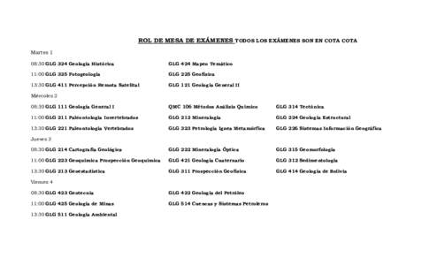 ROL DE MESA DE EXÁMENES TODOS LOS EXÁMENES SON EN COTA COTA Martes 1 08:30 GLG 324 Geología Histórica GLG 424 Mapeo Temático