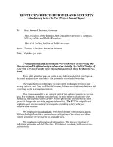 KENTUCKY OFFICE OF HOMELAND SECURITY Introductory Letter To The FY 2010 Annual Report To:  Hon. Steven L. Beshear, Governor