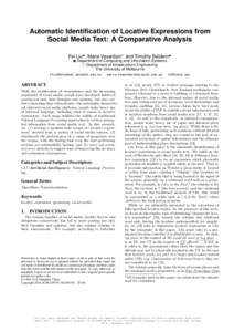 Automatic Identification of Locative Expressions from Social Media Text: A Comparative Analysis Fei Liu♠ , Maria Vasardani♥ and Timothy Baldwin♠ ♠ Department of Computing and Information Systems ♥ Department of