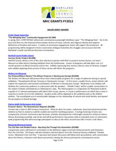 MHC GRANTS FY2012 MAJOR GRANT AWARDS Center Stage Associates “The Whipping Man” Community Engagement ($7,900) In spring 2012, CENTERSTAGE will present contemporary playwright Matthew Lopez’ 