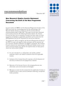 7 DecemberNew Research Studios Austria Statement Concerning the Draft of the New Programme Document