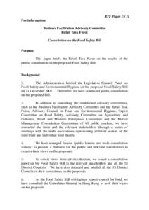 RTF Paper IN 11 For information Business Facilitation Advisory Committee Retail Task Force Consultation on the Food Safety Bill Purpose