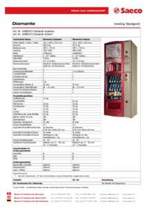 Vending Standgerät  Diamante Art. NrDiamante Espresso Art. NrDiamante Instant Technische Daten