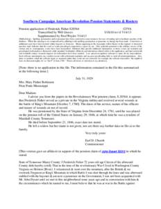 Southern Campaign American Revolution Pension Statements & Rosters Pension application of Frederick Fisher S20364 Transcribed by Will Graves Supplemented by Fred Weyler[removed]f25VA