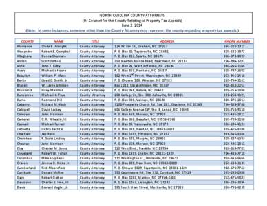 NORTH CAROLINA COUNTY ATTORNEYS (Or Counsel for the County Relating to Property Tax Appeals) June 2, 2014 (Note: In some instances, someone other than the County Attorney may represent the county regarding property tax a