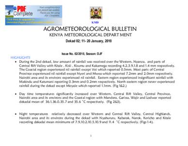 KMD  AGROMETEOROLOGICAL BULLETIN KENYA METEOROLOGICAL DEPART MENT Dekad 02; [removed]January, 2010 Issue No[removed], Season: DJF