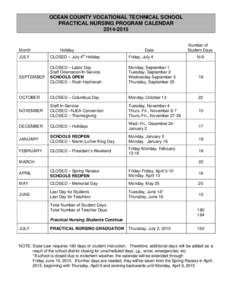 OCEAN COUNTY VOCATIONAL TECHNICAL SCHOOL PRACTICAL NURSING PROGRAM CALENDAR[removed]Month JULY