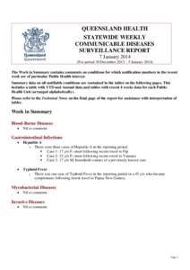 QUEENSLAND HEALTH STATEWIDE WEEKLY COMMUNICABLE DISEASES SURVEILLANCE REPORT 7 January[removed]For period 30 December 2013 – 5 January 2014)