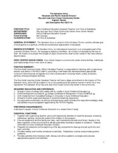 The Salvation Army Hawaiian and Pacific Islands Division Ray and Joan Kroc Corps Community Center Kapolei, Hawaii Job Description Rev