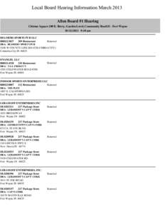 Local Board Hearing Information March 2013 Allen Board #1 Hearing Citizens Square 200 E. Berry, Garden Level, Community Rm[removed]Fort Wayne[removed]:30 am BEAMERS SPORTS PUB LLC 209 Restaurant