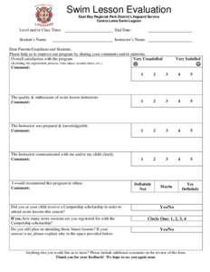 Swim Lesson Evaluation East Bay Regional Park District Lifeguard Service Contra Loma Swim Lagoon Level and/or Class Time: