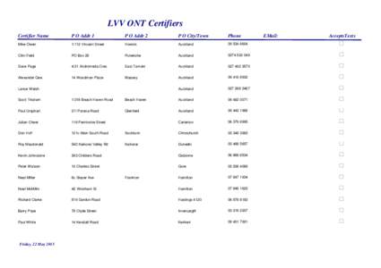 LVV ONT Certifiers Certifier Name P O Addr 1  P O Addr 2