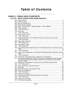 Ta b l e o f C o n t e n t s IDAPA 41 - PUBLIC HEALTH DISTRICTS[removed]Rules of Idaho Public Health District #[removed]Legal Authority. ..................................................................................