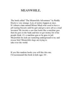 MEANWHILE, The book called “The Meanwhile Adventures” by Roddy Doyle is very strange. Lots of stories happen at once. It’s about a man named Mister Mack who used to have a job tasting biscuits until he quit and got