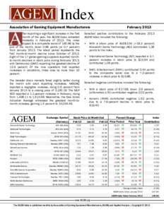 Index Association of Gaming Equipment Manufacturers fter reporting a significant increase in the first month of the year, the AGEM Index retreated modestly in February of[removed]The index dipped to a composite score of 14