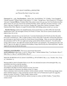 CCC LEGACY CHAPTER 123 NEWSLETTER 3412 Pleasant Run Road, Irving, Texas[removed]May 2013 Chartered: Nov. 1, 1985. Past Presidents: *Nelson Oats, *Harold Ballard, *W. O. Mullin, *Verle Oringderff, *Harold Trammell, *William