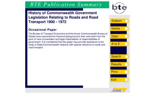 BTE Publication Summary History of Commonwealth Government Legislation Relating to Roads and Road Transport[removed]Subject