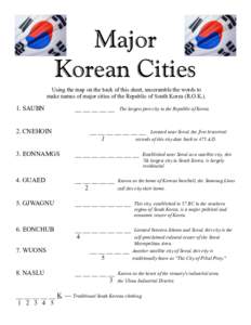 Major Korean Cities Using the map on the back of this sheet, unscramble the words to make names of major cities of the Republic of South Korea (R.O.K[removed]SAUBN