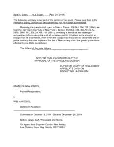 State v. Eckel, ___ N.J. Super. ___ (App. Div[removed]The following summary is not part of the opinion of the court. Please note that, in the interest of brevity, portions of the opinion may not have been summarized. Res