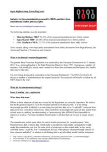 Open Rights Group LobbyPlag brief Industry-written amendments proposed by MEPs, and how those amendments weaken privacy rights Source: http://www.lobbyplag.eu/#/compare/overview  The following statistics may be important