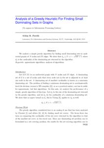 Analysis of a Greedy Heuristic For Finding Small Dominating Sets in Graphs (To appear in Information Processing Letters) Abhay K. Parekh Laboratory For Information and Decision Systems, M.I.T., Cambridge, MA 02139, USA