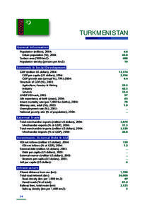 TURKMENISTAN General Information Population (million), 2004: Urban population (%), 2004:	 Surface area (‘000 km2):	 Population density (persons per km2):