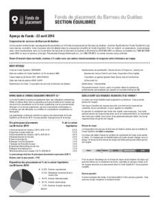 Fonds de placement du Barreau du Québec SECTION ÉQUILIBRÉE Aperçu du Fonds – 22 avril 2014 Corporation de services du Barreau du Québec Ce document renferme des renseignements essentiels sur le Fonds de placem